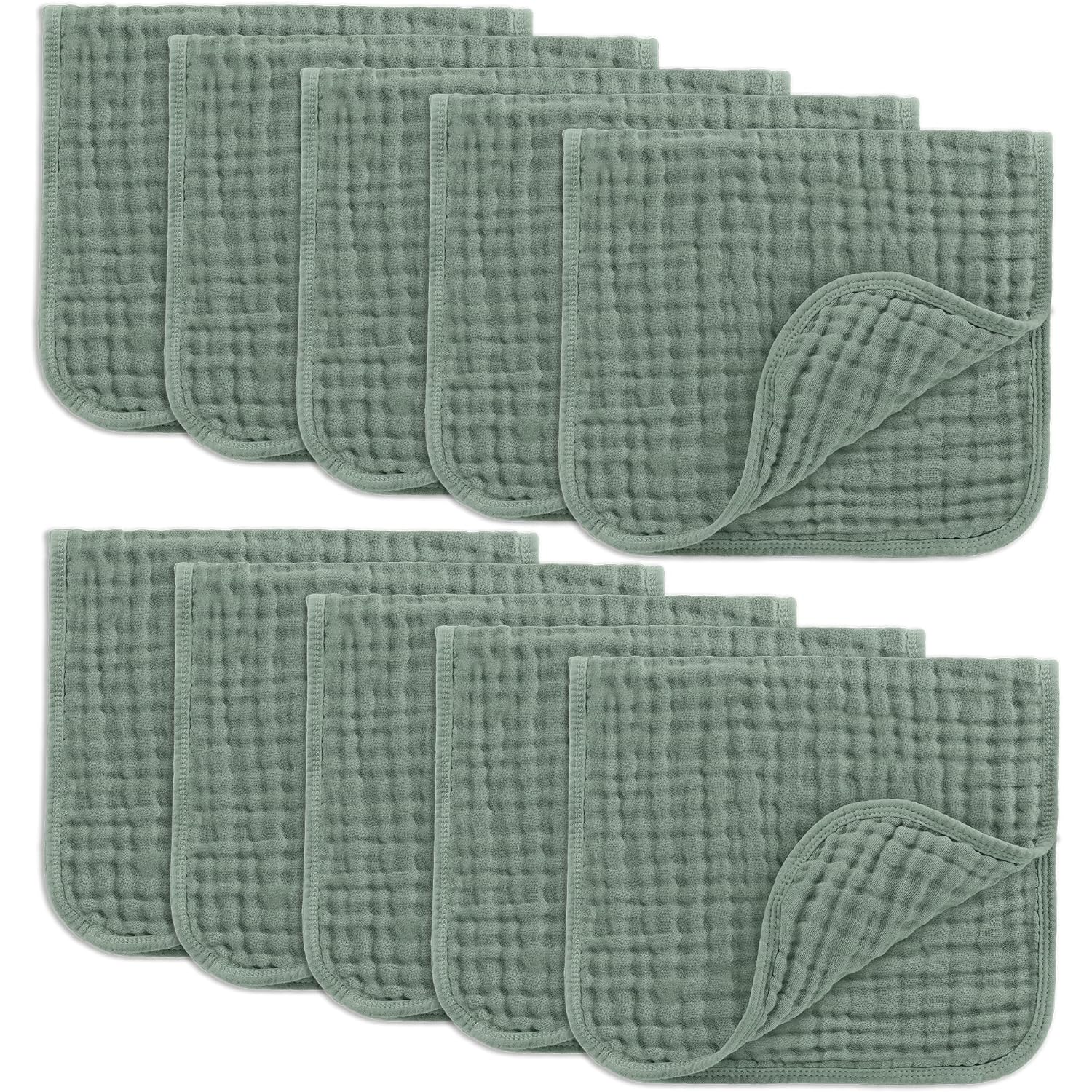 Comfy Cubs Muslin Burp Cloths 20" x 10", Pack of 10 - Large, 6-Layer, Ultra Absorbent 100% Cotton for Baby Drool and Messes - Soft, Safe & Gentle Baby Burp Cloths for Boys & Girls - Fern