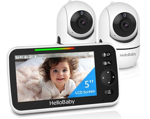 HelloBaby Upgrade 5'' Baby Monitor with 30-Hour Battery, 2 Cameras Pan-Tilt-Zoom, 1000ft Range Video Audio Baby Monitor No WiFi, VOX, Night Vision, 2-Way Talk, 8 Lullabies and Temperature