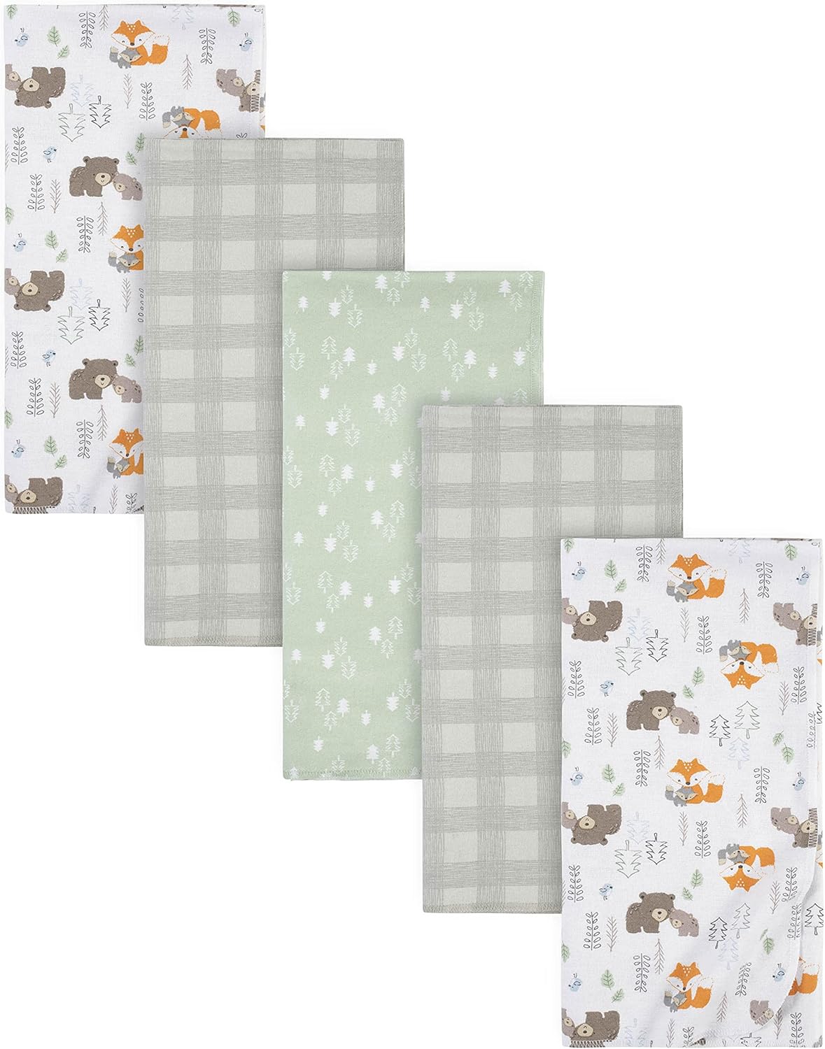 Gerber Boys Newborn Infant Baby Toddler Nursery 100% Cotton Flannel Receiving Swaddle Blanket, Woodland White, Pack of 5
