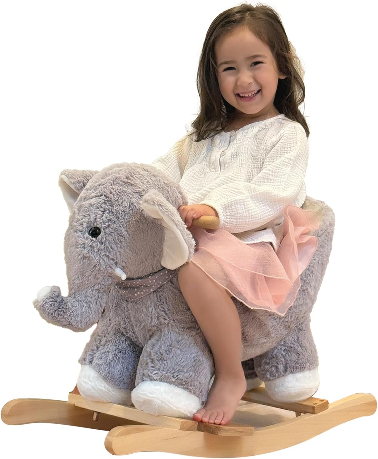Baby Rocking Elephant, Plush Toddler Rocker with Music & Safety Seat, Sturdy Wooden Ride-On Toy for 1-3 Years, Soft Animal Rocking Horse, CPC Certified (Gray Elephant)