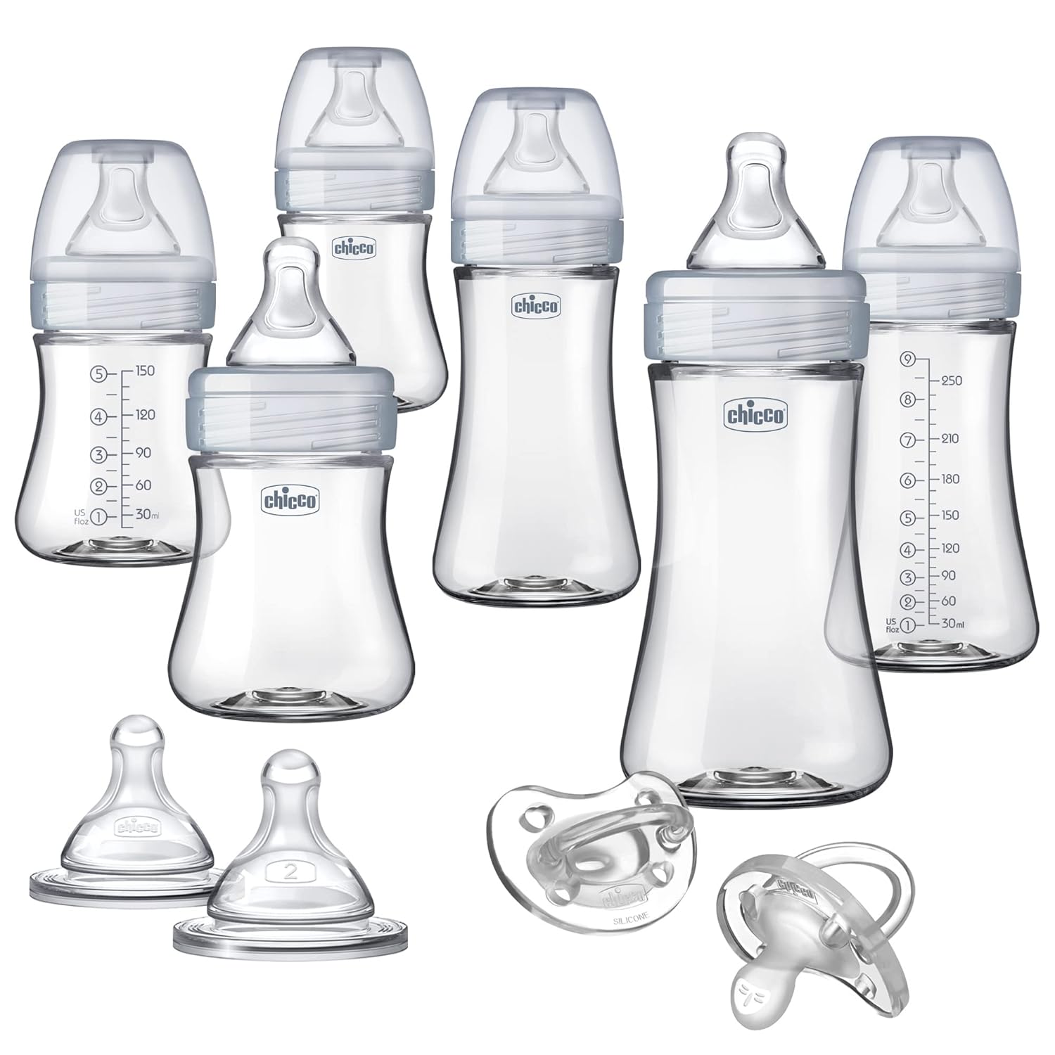 Chicco Duo Hybrid Baby Bottle Newborn Deluxe Giftset, Real Glass Inside, Lightweight Plastic Outside, Patented Invinci-Glass Technology, Intui-Latch Nipple, Clear/Grey